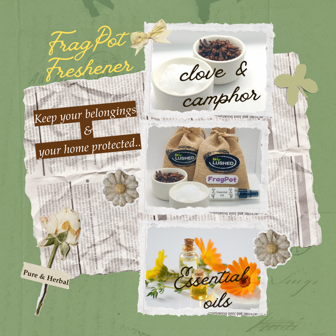 Fragpot Freshener Wardrobe|Toilet|Home with Camphor & Clove, Ultimate Freshness & Protection from Foul Smell & infestation